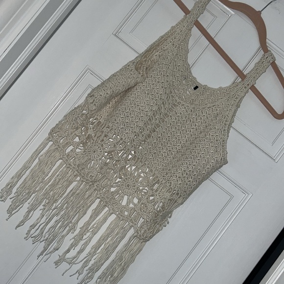 Boho Crochet Cotton Knit Top With Fringe-Boutique size L - Picture 2 of 7